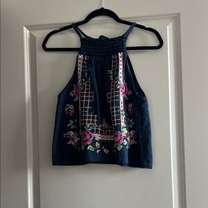 Free People Embroidered Floral Navy Top